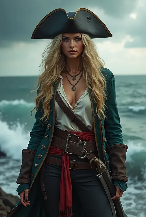 Pirate Captain, blonde, long wavy hair, with masculine features, She is wearing men&#39;s clothing. (She wears a pirate captain hat and a sword.) With mature features 