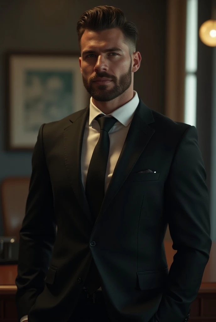 Realistic((( handsome burly white man, good lighting  ))) in elegant suit in the office sexy model fashion cute great outfit vogue, high detail 8k masterpiece ultra realistic high detail strong muscular legs big exaggerated bulge super muscular burly broad...