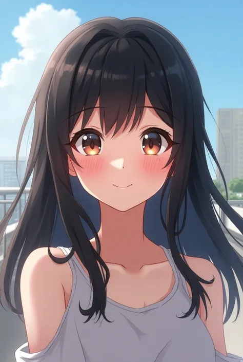  Dark Brunette Girl   , brown eyes , tenderness in anime , long hair, flat roof, look cute and adorable, high school level , looks dynamic , age 20 , Sexy Round 1  ,  Sunshine Smile  