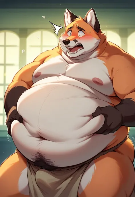 male, Orange Fox, hairy, Shocked expression, scared, big belly, fat, overweight, obese, obesity, 600 pounds, instant weight gain, belly overhang, belly rolls, belly grab, blush, neutral,  White loincloth，Dynamic Lighting, illustration, beautiful, particle ...