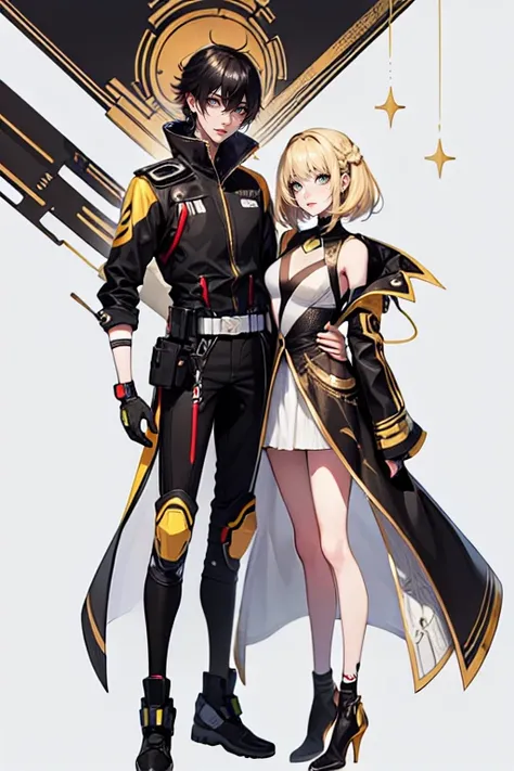 (tall man, (man is taller than me woman) messy black-haired man wearing a sexy  space outfit.),(a thin woman, long blonde hair, green eyes, wearing scifi space outfit) best quality, adorable, ultra-detailed, illustration, complex, detailed, extremely detai...