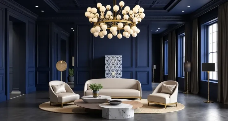 A luxurious living room with navy-blue walls and ceiling. In the center, a beige sofa and armchairs surround an abstract marble and gold coffee table. A large chandelier with globe-shaped lights and golden leaf accents hangs from the ceiling. In the backgr...