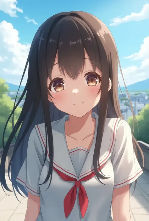  dark brown-haired girl   , brown eyes ,  tender in anime  , long hair, flat roof ,  looks cute and adorable ,  high school junior  ,  looks active  ,  20 years old ,  sexy 1st round  ,  sunny smile  ,  wearing a school girl uniform without a bow 