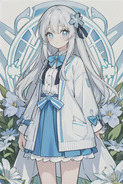 ・one girl with white hair、very long hair, light blue left eye、the right eye has gray eyes, flower-shaped pupils, loose blouse, l...