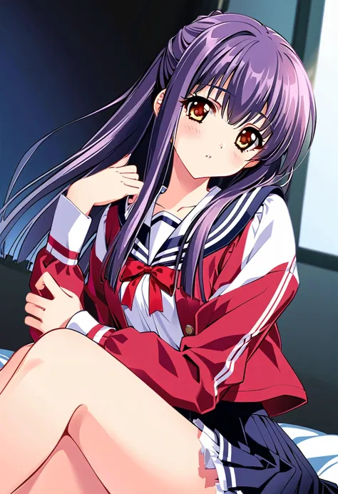 suzuna kuraki, 1 girl,alone,、(sailor suit、navy skirt)、long hair, ponytail,red ribbon,(purple hair),,orange eyes,classroom:1.2、 s...