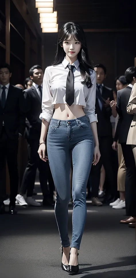 Acurate, 1 IU、Black hair、black eyes、Semi-long、setting hair、Slender but well-proportioned muscular body、a smile、wearing a tie-front shirt、Abs are cracked、The navel is visible、Wearing high heels、wearing very tight BLUE skinny jeans.、Breasts are big、Full Body...