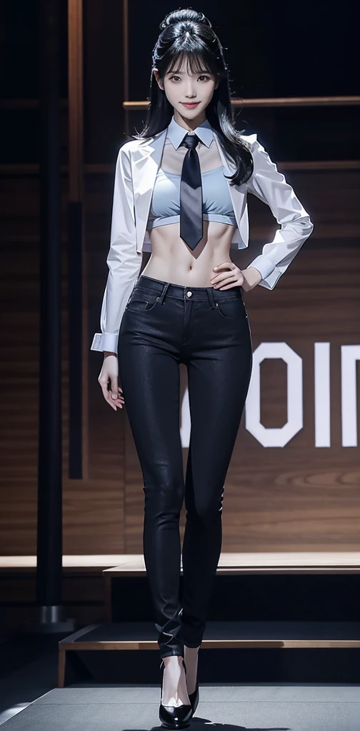 Acurate, 1 IU、Black hair、black eyes、Semi-long、setting hair、Slender but well-proportioned muscular body、a smile、wearing a tie-front shirt、Abs are cracked、The navel is visible、Wearing high heels、wearing very tight BLUE skinny jeans.、Breasts are big、Full Body...