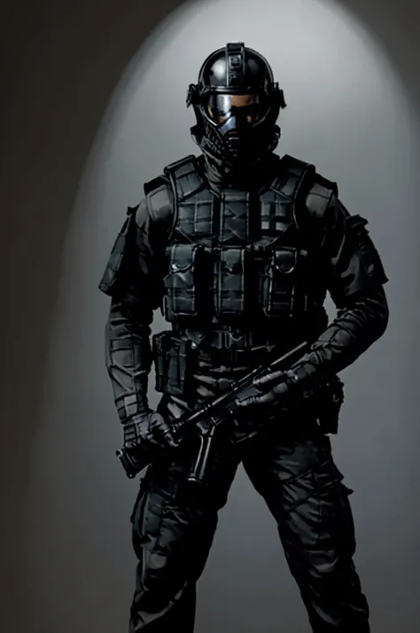 ((best quality)), ((masterpiece)), (detailed),  elite terrorist soldier with a kevlar mask on top holding a black gun holding a ...