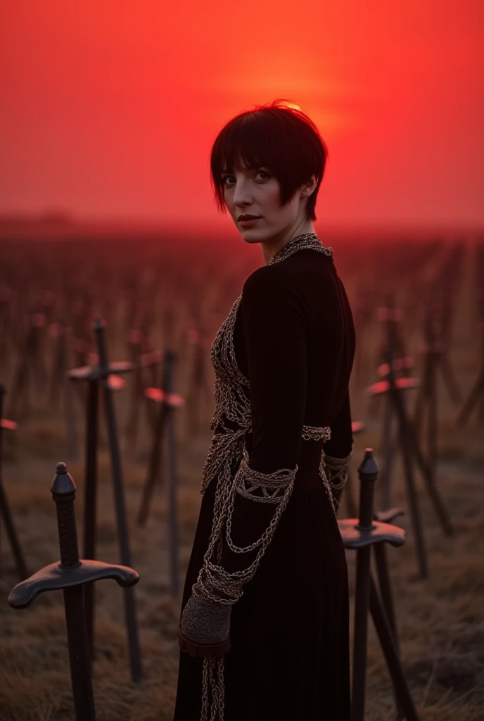 A Gothic warrior in slightly dirty in chain-mail with short black hair and a dark dress, looking at the viewer knelling against a sea of swords planted in the ground. The crimson red sky intensifies the dark mood of the hellish landscape, and her eyes are ...