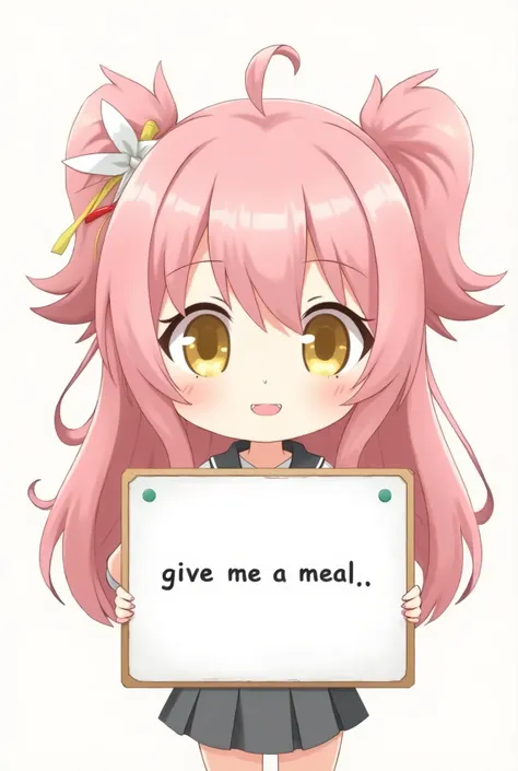  A cartoon girl with pink long bifurcated hair is holding a whiteboard with the words “Give Me a Meal”., Anime Moe Art Style,  human style , as an animated character, ddlc,  an anime girl , Chibi,  cute and pretty girl , cute face, no gradient,  Cute Girls...