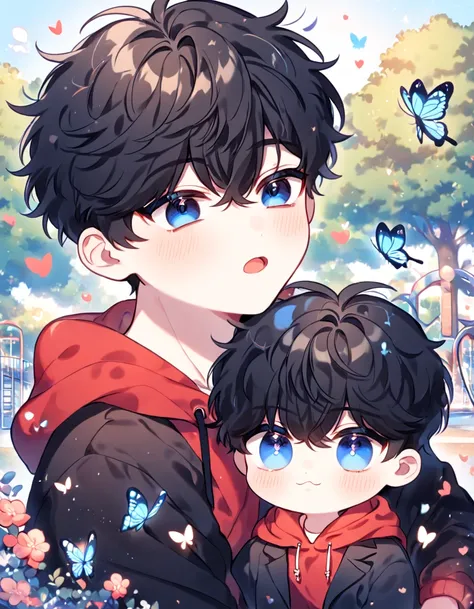 absurdres, highres, ultra detailed, HDR, master piece, best quality, detailed eyes, delicated features, Manhwa Style, Kang Woojin, black hair, messy hair, expressive dark blue eyes, Love Jinx, Kang Lian, black hair, expressive blue eyes, a adolescent toget...