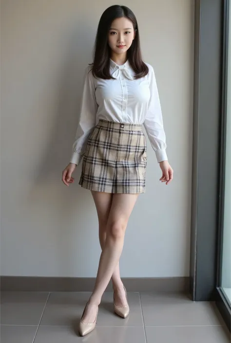 Full body photograph of an Asian woman, wearing a white long sleeved shirt and a plaid skirt, with a tie bow at the chest position, light brown hair color, high heels, in a professional photography style, with a natural skin tone, a real person photograph.