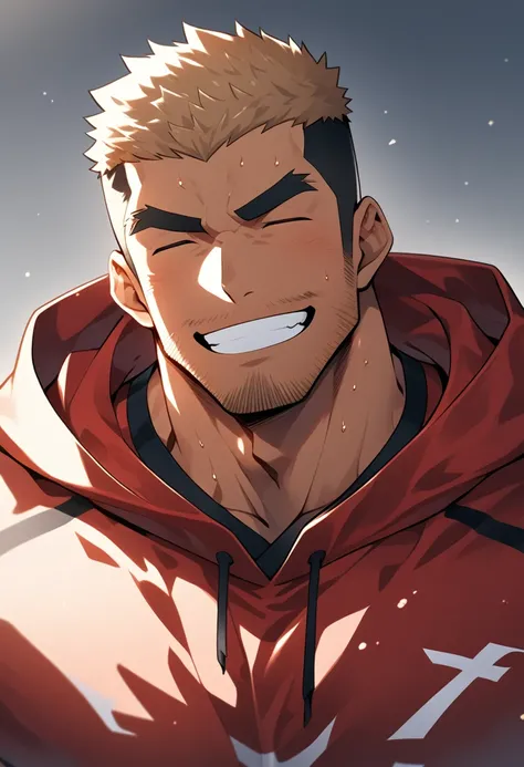 Black person, anime characters：Gyee, One Young Muscle Sports Sexy Teacher, sweat, negro black skin, Huge chest muscles, male focus, Red black hooded sports sweatshirt, Wear a black high-necked tights inside, Very tight, muscular male, muscular, only, Upper...