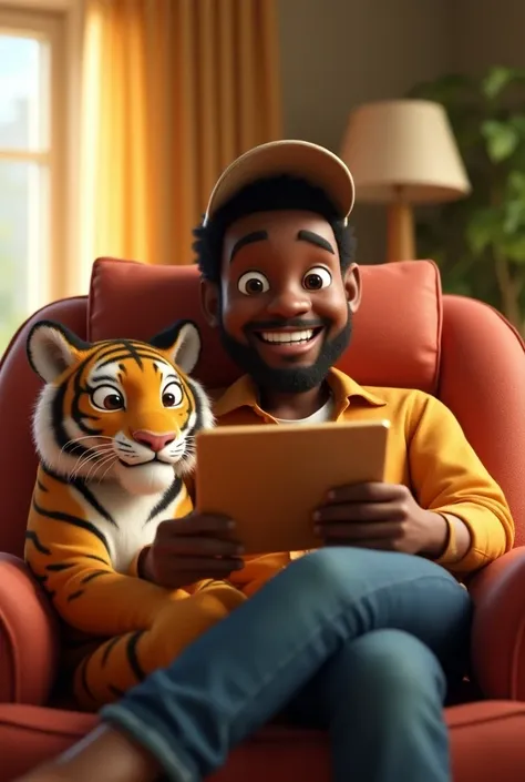 Pixar 3D effect ,  happy black man with shirt and cap ,  and a tablet in his hand irmchair with a tiger on his side