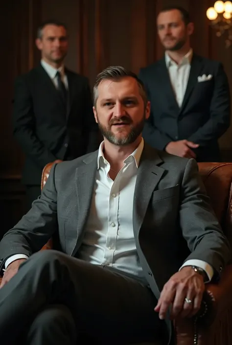 a crew haircut,  grey suit, white shirt, sitting on armchair, smile a little, two bodyguards are standing behind him in the background.  a dark room in a mens club