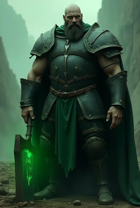 A towering, battle-hardened English mythology-inspired green knight, physically perfect with a muscular body frame, clad in heavy, blackened armor bearing signs of wear from countless brutal battles. His face, pale with deep scars, features tired, green ey...