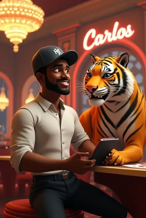 Pixar 3D effect ,  Black man in cap and white shirt with a tablet in his hand, a tiger by your side and casino background with the name CARLOS 