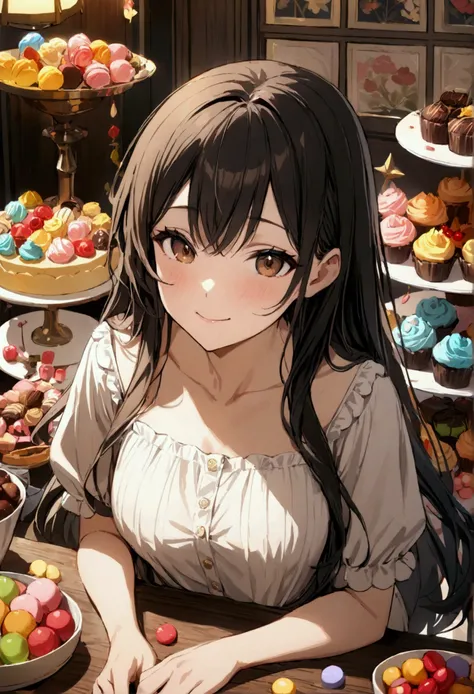 1girl, Smile, Long Hair, Black Hair, brown Eyes, Masterpiece, Best Quality, High Details, surrounded by sweets 