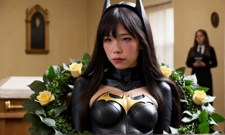 a cute woman (sex black outfit) is crying at a funeral service for Batman, batman logo on wreath by casket, lots of people in black at the funeral home, sad atmosphere
