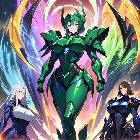 anime, high detailed, multiple womans, mature womans, glassy-lighted green mecha armor, large mechanical wings, determined expre...