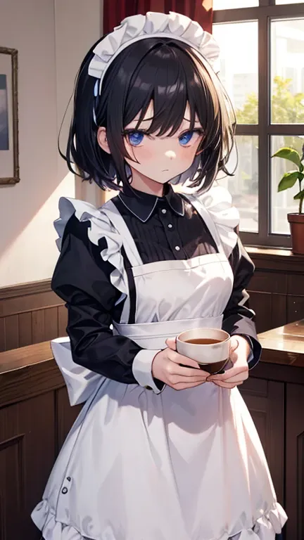 girl in maid outfit,i spilled tea ,i broke the dishes,troubled face,