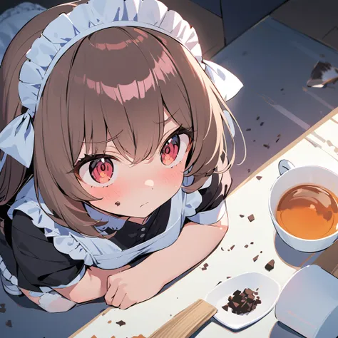 Girl in maid outfit,I spilled tea ,I broke the dishes,Troubled face,Im crouching to pick up debris from dishes