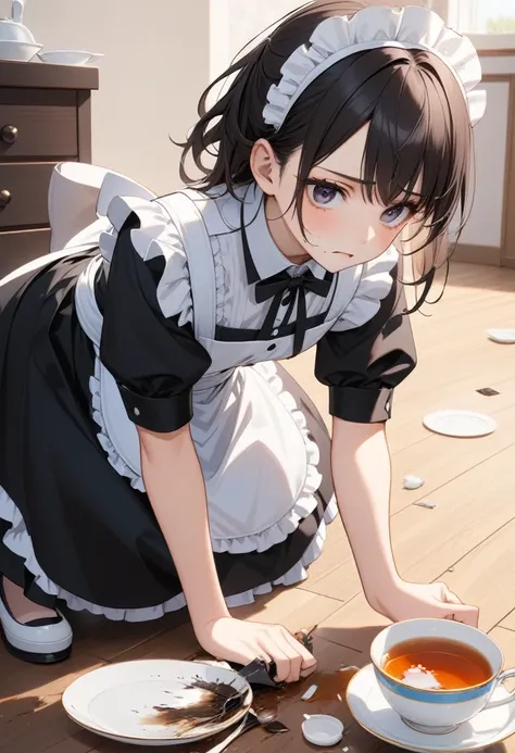 girl in maid outfit,i spilled tea ,i broke the dishes,troubled face,i'm crouching to pick up debris from dishes