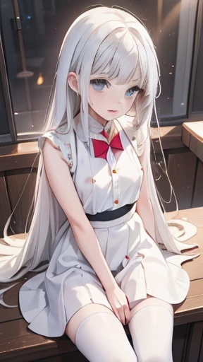  high res, High-quality images, high detail, 
womanhood　((( Emilia from Another World Starting from Zero)))　Small breasts　Silver Hair　Long Hair　Short　flat chest   standing ((White dress　skirt　 White tights))　((squatting,Open legs))