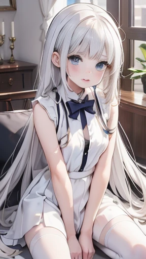  high res, High-quality images, high detail, 
womanhood　((( Emilia from Another World Starting from Zero)))　Small breasts　Silver Hair　Long Hair　Short　flat chest   standing ((White dress　skirt　 White tights))　((squatting,Open legs))