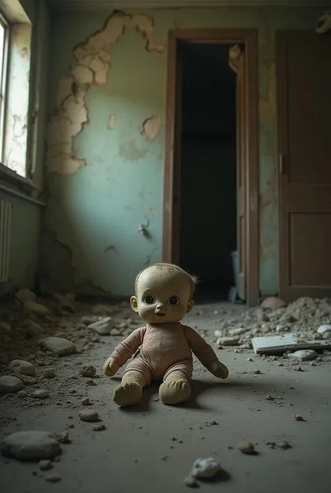  a destroyed abandoned apartment 、A room with a wall falling off 、 a dirty stuffed doll rolling along with rubble on the room floor、 sad vibes 、High-definition real photo、Real photo 16K quality