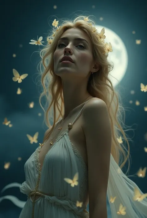 Photographic, super realism,  Artemis, goddess of the moon, in the form of a , who is the fairy of the moonflies, flying in the sky in the form of butterflies, many of them glowing and shining, about the size of actual butterflies, white and blonde!,  nigh...