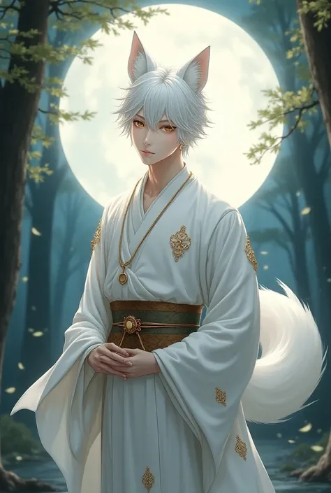 Masterpiece，Best quality，White-haired fox，whit e fox ear and one bigger white tail，all white kimono with gold accessories，Immortals，red eye， mature，Handsome，male people, forest，Loose hair and clothes，Comfortable nights，the night，a sense of atmosphere, in f...