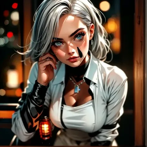 A captivating woman, 20 years old, with platinum hair, completely naked. Visible breasts and shaved pubis. She stands on a balcony overlooking the city at night, the soft glow of a lantern illuminating her figure.
​​Photorealistic, Hyperrealistic, Hyperdet...