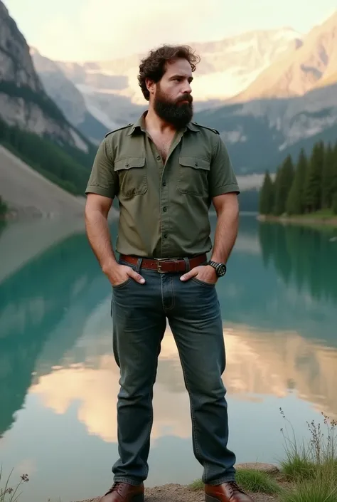  Man with beard and military shirt,  Standing on the edge of a lake , extremely handsome. ( The best quality ,4k,8K,highres, masterpiece:1.2),ultra detailed,(realistic,photorealistic,photo-realistic:1.37),  detailed eyes , detailed lips, brown beard, muscl...