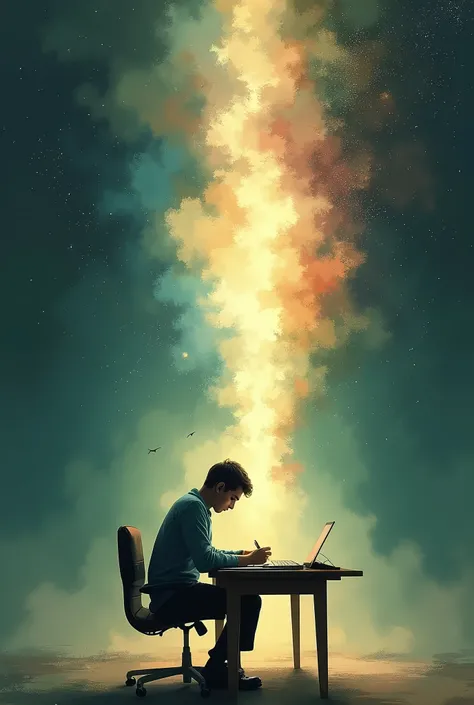 An illustration of a person sitting at a desk, looking completely unmotivated, with their hand barely hovering over a small task like a pen or keyboard. In front of them, the space starts to distort and shift, representing a new space-time being created wi...