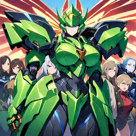 Anime, high detailed, multiple womans, mature womans, glassy-lighted green mecha armor, large mechanical wings, determined expression, large clawed Gauntlet, curvy body, long mechanical wings ,sheen aura、pale skin、blue Eyes, elongated pupils,  Mature Woman...