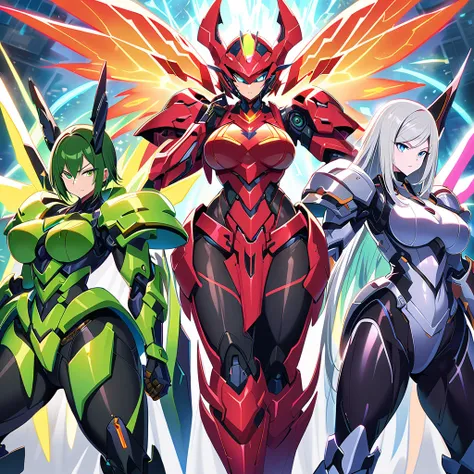 anime, high detailed, multiple womans, mature womans, glassy-lighted green mecha armor, large mechanical wings, determined expre...