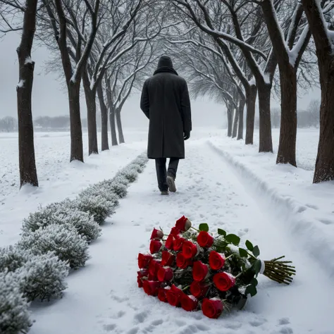 a man in a coat walking away from the camera, snowy path surrounded by bare trees, snow-covered ground, a bouquet of red roses decorated on the snow, blizzard, wind, grey cloudy sky, night scene, (best quality,4k,8k,highres,masterpiece:1.2),ultra-detailed,...