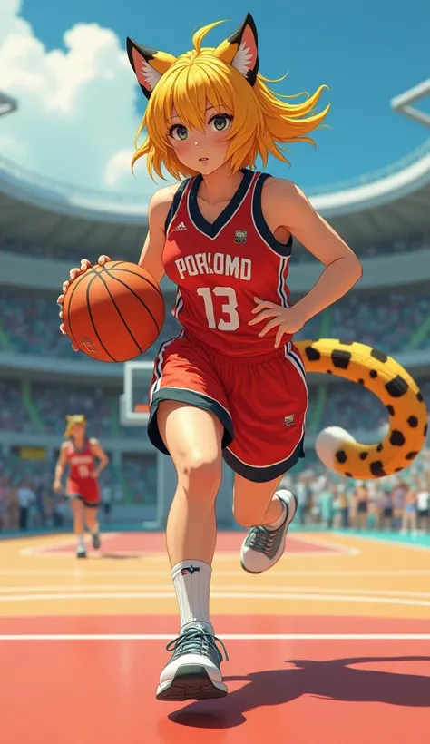 basketball court, A Japanese sports woman, Yellow Liu Hai Short Hair Flowing, Lips slightly open, Chest. Modest leopard ears ,Modest leopard tail , Wearing Basketball Team Uniform ,Handball basketball ,Running, Everyones Spotlight ,, Ultra HD,  Very Detail...