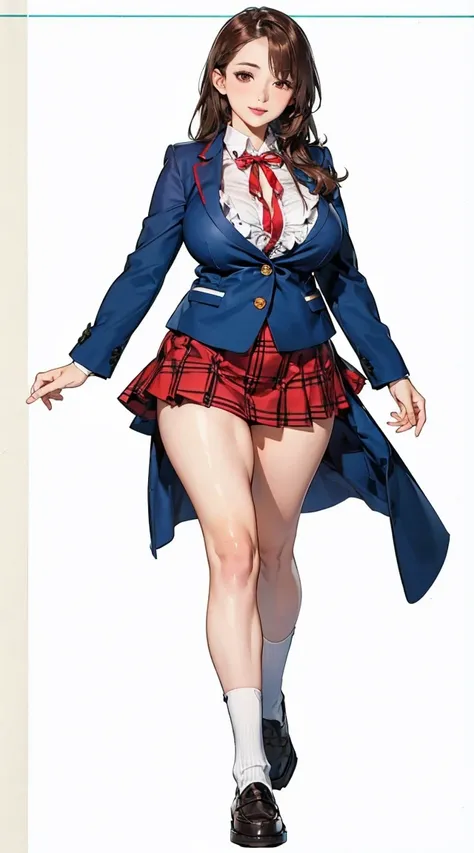 Full body image of a girl standing on a white background, brown hair, red eyes, blue blazer, red ribbon, green checked miniskirt (with white frills), white loose socks, loafers, exposed thighs, big breasts, huge breasts, lips,Oku-sama wa Joshi Kosei, Iwasa...