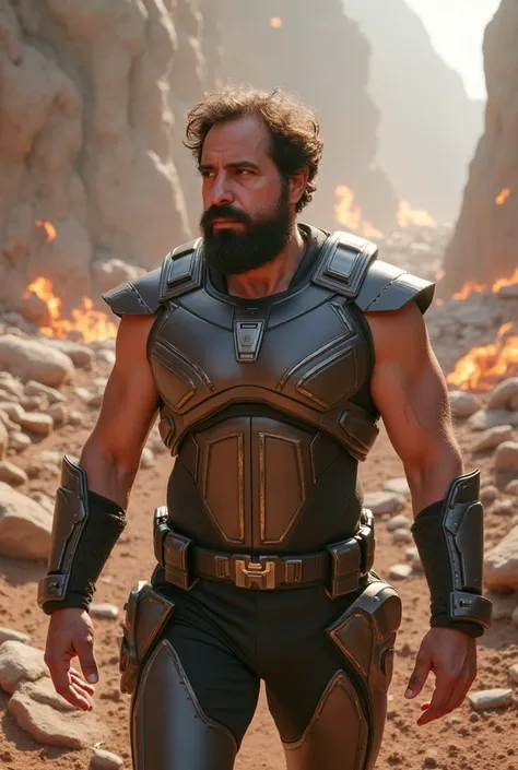 a white man, muscle shirt, 38 years old, with perfectly outlined beard,   is in the middle of a Titanic battle on a devastated alien planet  ,  Inspired by the sets of The Avengers  : Infinity War .   He wears an advanced combat suit with metallic details ...