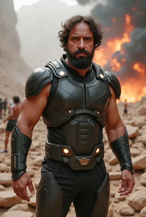 a white man, muscle shirt, 38 years old, with perfectly outlined beard,   is in the middle of a Titanic battle on a devastated alien planet  ,  Inspired by the sets of The Avengers  : Infinity War .   He wears an advanced combat suit with metallic details ...