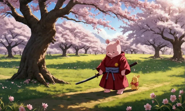 Piglet (samurai robe, short sword) preparing to commit Seppuku. Pooh Bear (samurai robe, katana) stands nearby with Katana at the ready, cherry blossom orchard, sad scene
