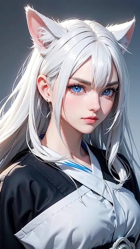 light white hair, rhombus stripe, asymmetrical hair, hair behind the ear, long hair, wavy hair, blue eyes, Cat students, eyebrows behind hair, cat ears, serious, Facial hair, close up, Ultra HD,  Anatomically correct ,  textured skin , tall details, 1080P,...