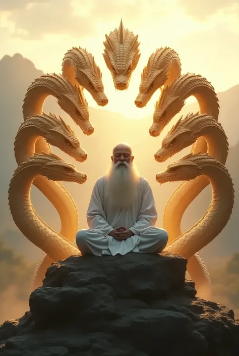 An elderly man with a beard and white hair wearing a white monks robe meditating on a golden nine-headed naga. The background is a mountain view with sunlight shining through.