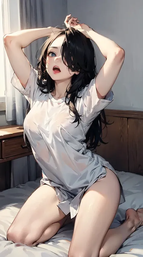 masterpiece, best quality, perfect anatomy, from front, 1girl, kneeling, on bed, oversized shirt, white shirt, pale skin, blue eyes, black hair, long hair, messy hair, hair over one eye, sleepy, yawning, FMT, stretching, grey eyes,