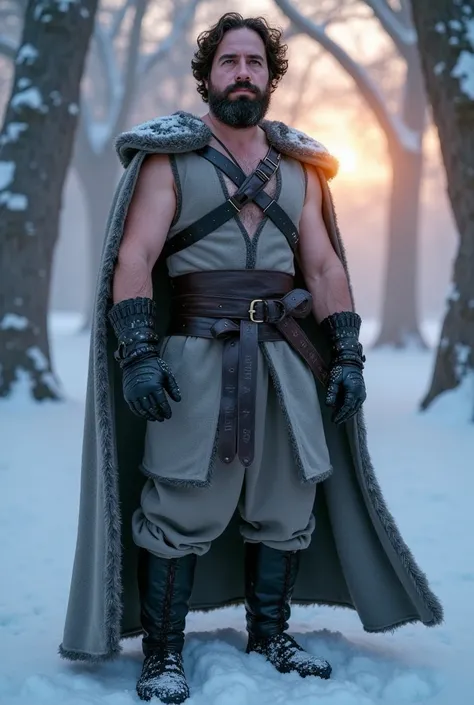 a white man, muscle shirt, 38 years old, with perfectly outlined beard,  It is located in the middle of a magical winter forest ,  Inspired by the world of Frozen 2 .   He wears an elegant layer of wool with dark leather details  , fitted to his strong tor...