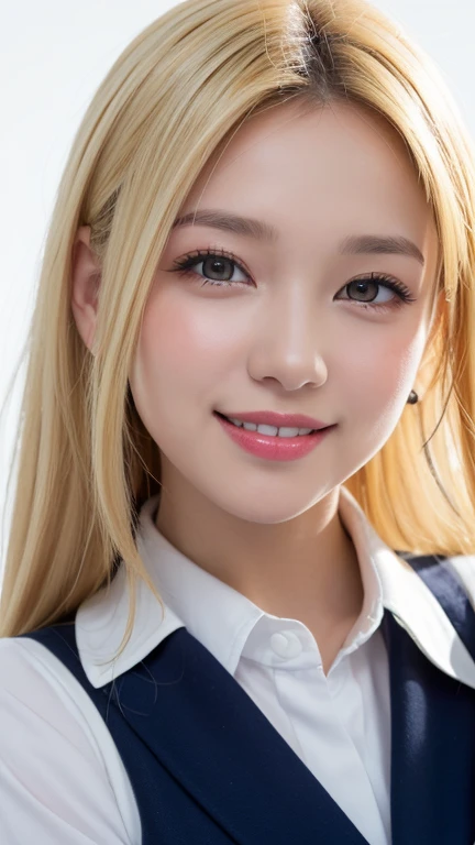 (((forehead、blonde、Northern Europe、White、beautiful girl、blonde、White background、Overseas School Uniforms 、smile)))、Tabletop, Best Quality, shape, Super detailed, finely,  high res, 8K wallpaper,  Perfect Dynamic Composition, finelyて美しい目, Deco Out,Blonde,  ...