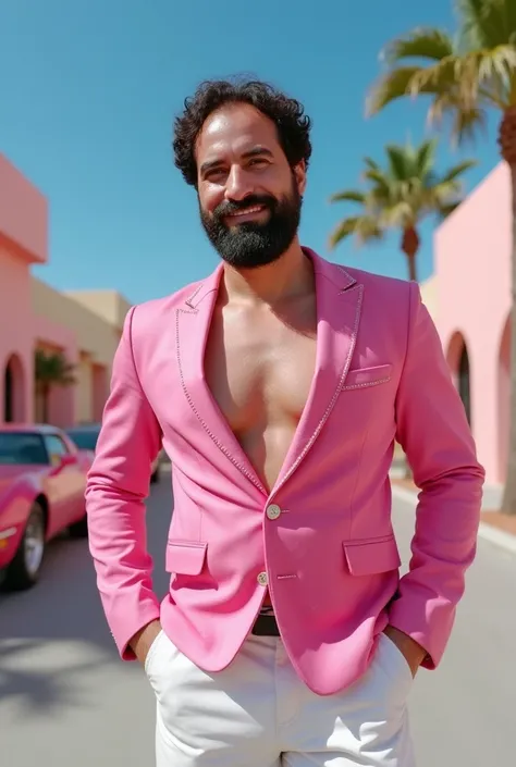 a white man, muscle shirt, 38 years old, with perfectly outlined beard,  is set in a vibrant dream world , Inspired by Barbie &#39; s colorful and glamorous style .  Wear a tight pink jacket with a modern touch and shiny metallic details , that highlights ...