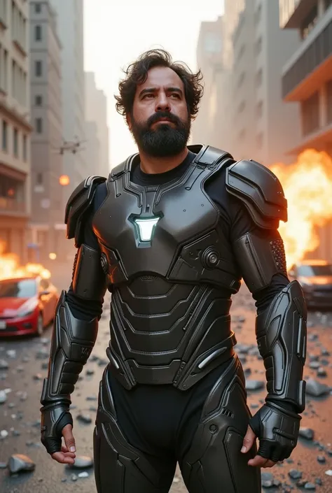 a white man, muscle shirt, 38 years old, with perfectly outlined beard,  is located in the middle of a city devastated by chaos , inspired by the Avengers: The era of Ultron  .   He wears an advanced combat suit with metal armor and technological details ,...